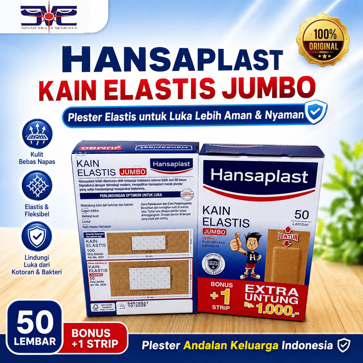Hansaplast Kain Elastis Jumbo 50 Lembar + Bonus 1 Strip Plester Luka